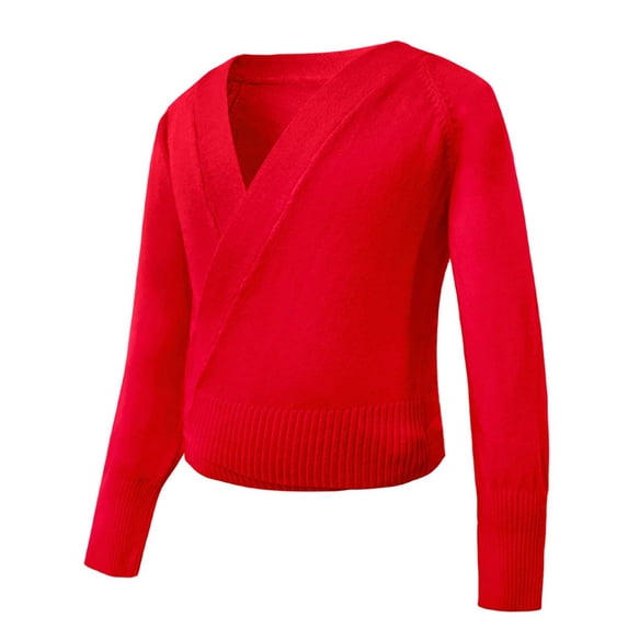 GiLiling Girls Ballet Sweater - Dance Warm Up Wrap Pullover Knit Cover Up for Leotards, Soft Long Sleeve Ballet Top (Red, 9-10 Years)