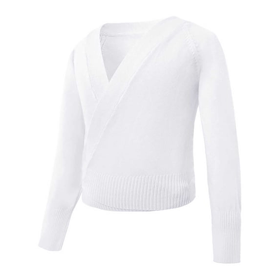 GiLiling Girls Ballet Sweater - Dance Warm Up Wrap Pullover Knit Cover Up for Leotards, Soft Long Sleeve Ballet Top (White, 3-4 Years)