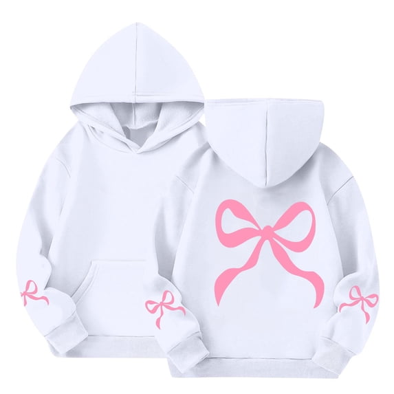 GiLiling Girls Bow Graphic Hoodies Cute Print Cotton Pullover Hoodie Sweatshirts Kids Long Sleeve Soft Tops with Pockets (White, 5-6 Years)