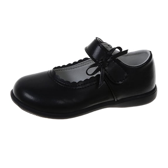 GiLiling Girls Bow Mary Jane Flats, Adjustable Strap Scalloped Edge School Shoes, Soft Sole Non Slip Student Performance Flats for Kids (Black, 5.5-6 Years)