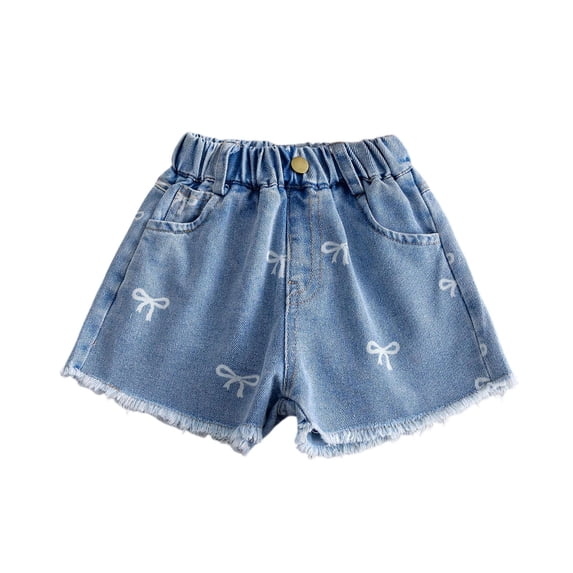 GiLiling Girls Bow Print Elastic Waist Denim Shorts, Frayed Hem Jean Shorts with Pockets for Kids Summer Casual Wear (Blue, 9-10 Years)