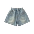 thumbnail image 1 of GiLiling Girls Bow Print Elastic Waist Denim Shorts, Frayed Hem Jean Shorts with Pockets for Kids Summer Casual Wear (Light Blue, 5-6 Years), 1 of 7
