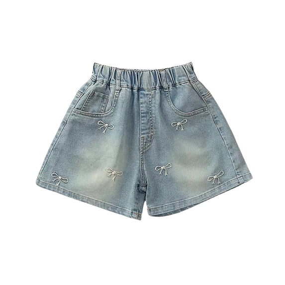 GiLiling Girls Bow Print Elastic Waist Denim Shorts, Frayed Hem Jean Shorts with Pockets for Kids Summer Casual Wear (Light Blue, 5-6 Years)