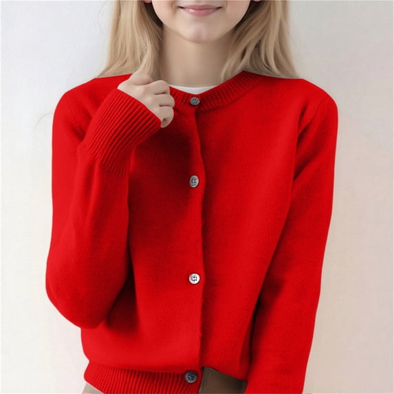 GiLiling Girls Boys Knitted Cardigan, Solid Color Crew Neck Button Down Sweater, Autumn Winter Soft Warm Coat for Kids Casual Outerwear (Red, 9-10 Years)