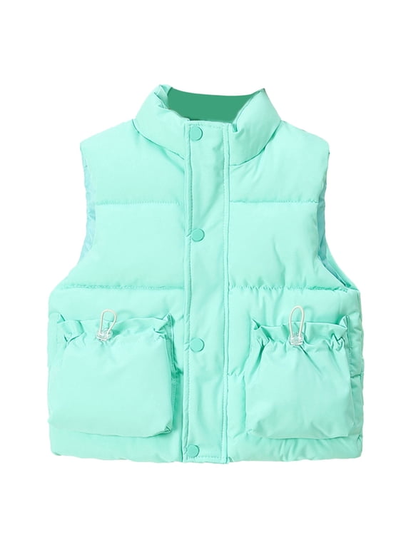 Girls Boys Puffer Vest Sleeveless Quilted Bubble Jacket Padded Gilet down Vest Zip up Stand Collar Fall Winter Warm Casual Clothes (Green, 5-6 Years)