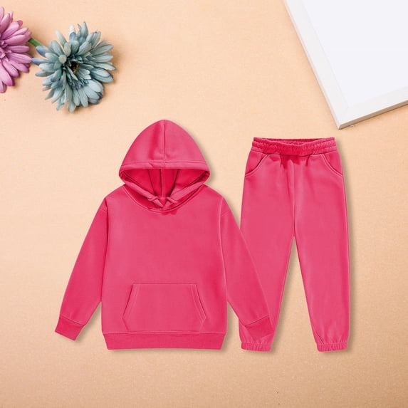 GiLiling Girls Boys Sweatsuit 2 Piece Tracksuit Hoodie Sweatshirt and Sweatpant Set Athletic Jogger Outfit Activewear (Hot Pink, 5-6 Years)