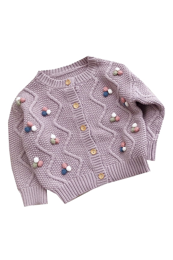 Girls Cable Knit Cardigan, Button Down Long Sleeve Sweater Jacket with Pom Poms Decor, Casual Cover Up for Spring Picnics and Autumn Street Wear