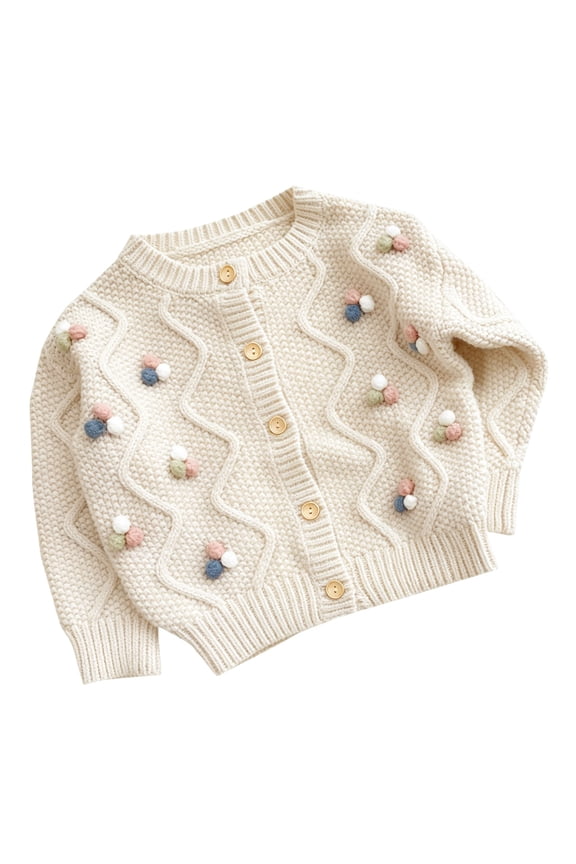Girls Cable Knit Cardigan, Button Down Long Sleeve Sweater Jacket with Pom Poms Decor, Casual Cover Up for Spring Picnics and Autumn Street Wear
