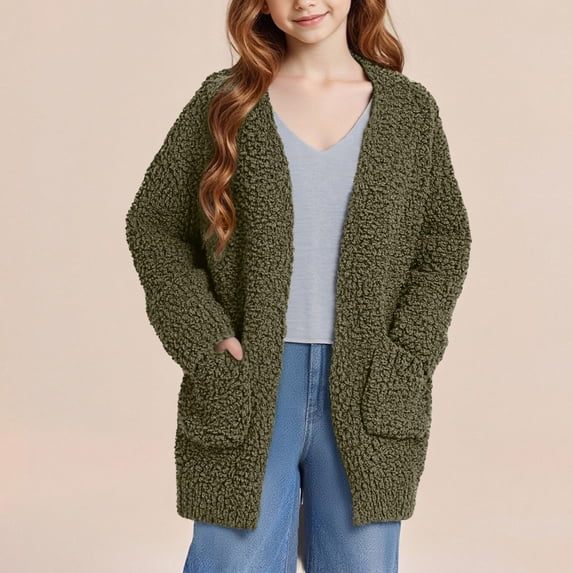 GiLiling Girls Cardigan Open Front Popcorn Knit Long Sleeve Sweaters Coat Fuzzy Knit Outwear with Pockets Warm Winter Cardigans (Blackish Green, 5-6 Years)