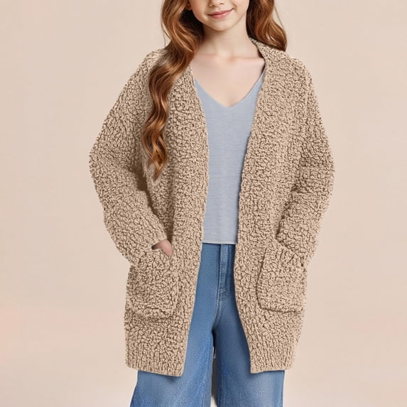 GiLiling Girls Cardigan Open Front Popcorn Knit Long Sleeve Sweaters Coat Fuzzy Knit Outwear with Pockets Warm Winter Cardigans (Khaki, 5-6 Years)