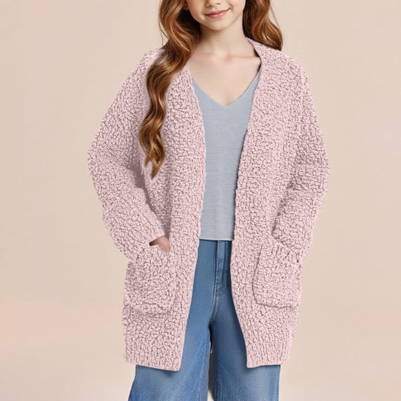 GiLiling Girls Cardigan Open Front Popcorn Knit Long Sleeve Sweaters Coat Fuzzy Knit Outwear with Pockets Warm Winter Cardigans (Pink, 5-6 Years)