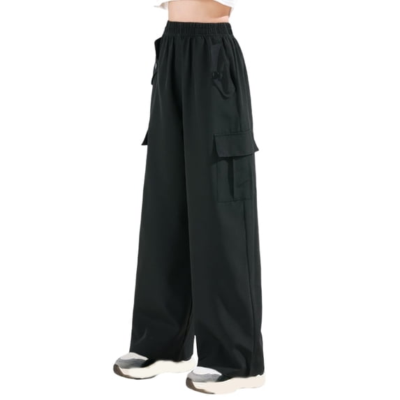 GiLiling Girls Cargo Pants, Baggy Parachute Joggers with Pockets, Y2K Wide Leg Dance Pants for Tweens (Black, 9-10 Years)