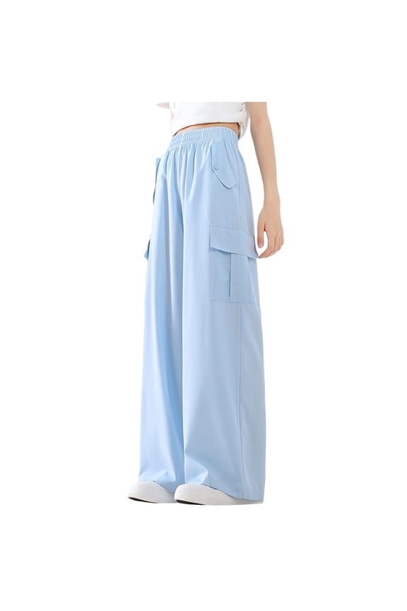 Girls Cargo Pants, Baggy Parachute Joggers with Pockets, Y2K Wide Leg Dance Pants for Tweens (Sky Blue, 8-9 Years)
