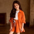thumbnail image 1 of GiLiling Girls Casual 2 Piece Outfit Linen Long Sleeve Button Down Shirt and High Waist Drawstring Shorts Set (Orange, 7-8 Years), 1 of 9