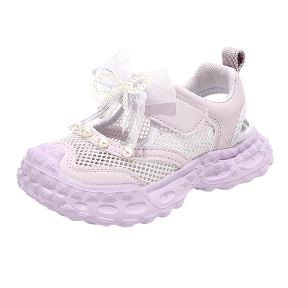 GiLiling Girls Closed-Toe Sandals, Breathable Mesh Synthetic Upper Pearl Bow Detail Adjustable Ankle Strap Non-Slip Thick Sole, Summer Casual Footwear (Purple, 5-5.5 Years)