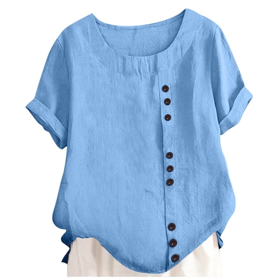 GiLiling Girls Cotton Linen Shirts Summer Short Sleeve Button Crewneck Blouses Plus Size Casual Tops (Blue, 9-10 Years)