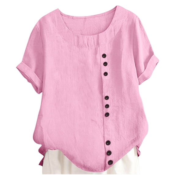 GiLiling Girls Cotton Linen Shirts Summer Short Sleeve Button Crewneck Blouses Plus Size Casual Tops (Pink, 11-12 Years)