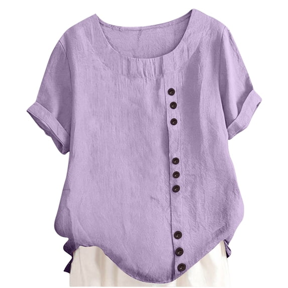 GiLiling Girls Cotton Linen Shirts Summer Short Sleeve Button Crewneck Blouses Plus Size Casual Tops (Purple, 9-10 Years)