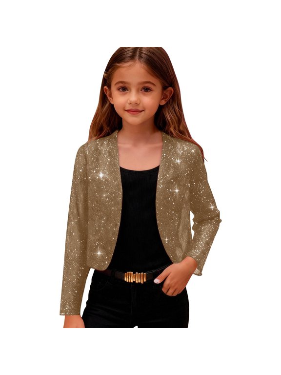 Girls Cropped Sequin Jackets Dressy Causal Long Sleeve Short Cardigan Lightweight Mesh Going Out Bolero Shrugs Clothes (Khaki, 5-6 Years)