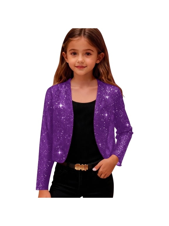 Girls Cropped Sequin Jackets Dressy Causal Long Sleeve Short Cardigan Lightweight Mesh Going Out Bolero Shrugs Clothes (Purple, 4-5 Years)