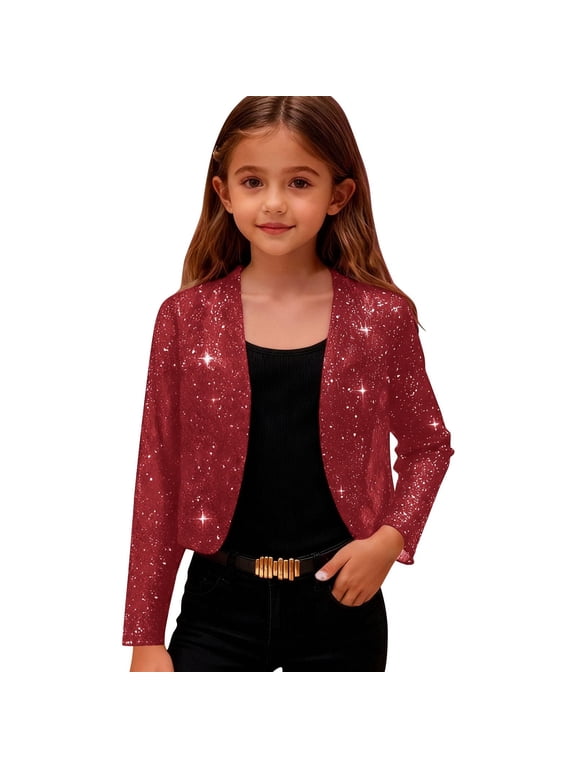 Girls Cropped Sequin Jackets Dressy Causal Long Sleeve Short Cardigan Lightweight Mesh Going Out Bolero Shrugs Clothes (Red, 4-5 Years)