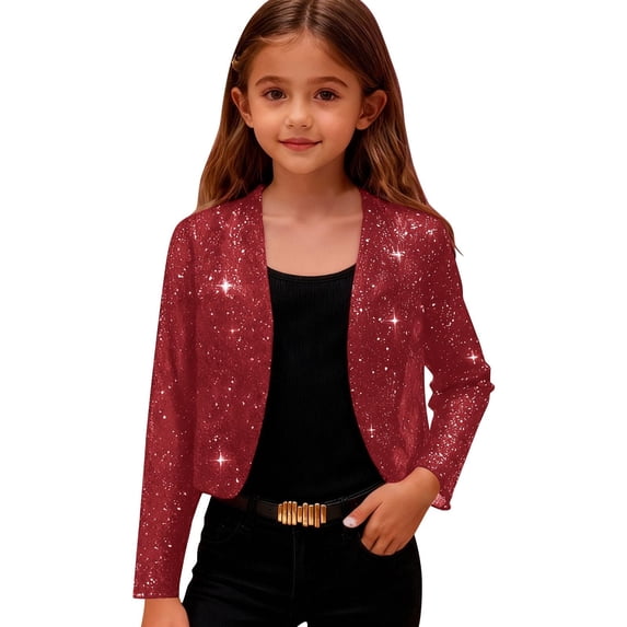 GiLiling Girls Cropped Sequin Jackets Dressy Causal Long Sleeve Short Cardigan Lightweight Mesh Going Out Bolero Shrugs Clothes (Red, 5-6 Years)