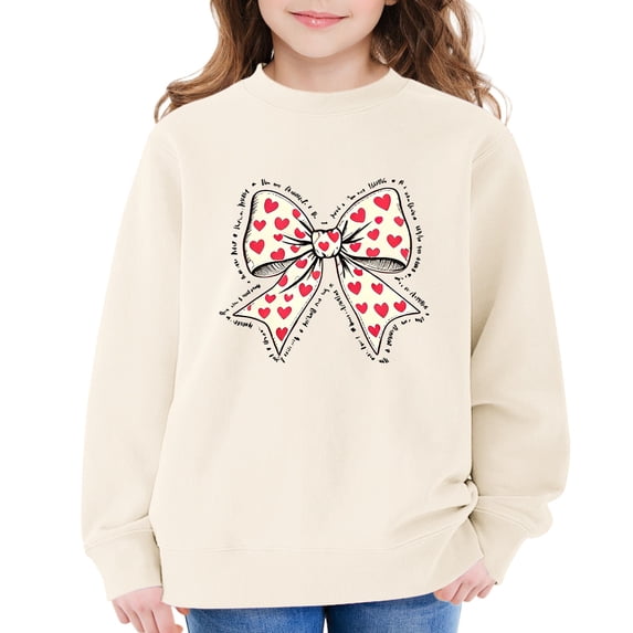 GiLiling Girls Cute Heart Bow Printed Crewneck Sweatshirt, Long Sleeve Pullover Top, Loose Sweatshirts for Kids Daily Wear, Soft Fall Tops (Beige, 7-8 Years)