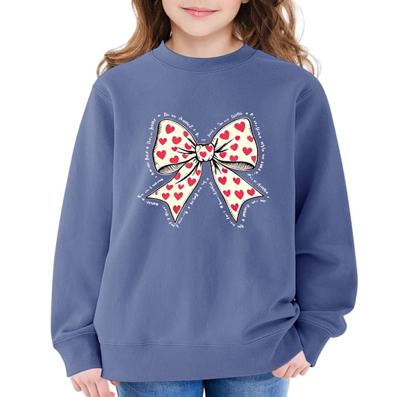 GiLiling Girls Cute Heart Bow Printed Crewneck Sweatshirt, Long Sleeve Pullover Top, Loose Sweatshirts for Kids Daily Wear, Soft Fall Tops (Navy, 9-10 Years)
