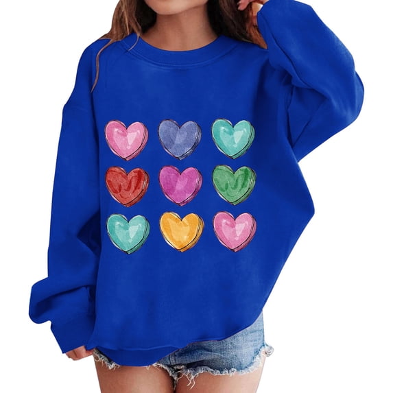 GiLiling Girls Cute Sweatshirt, Heart Print Oversized Sweat Shirt, Tween Preppy Clothes, Fall Winter Long Sleeve Top (Blue, 11-12 Years)