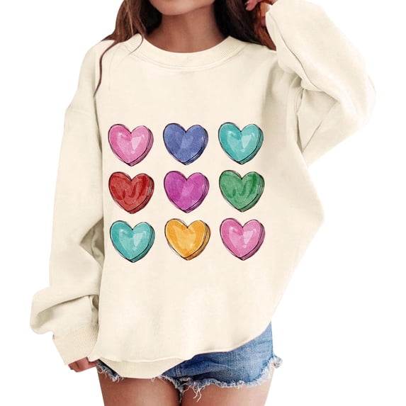 GiLiling Girls Cute Sweatshirts Heart Print Oversized Sweat Shirts Tween Preppy Clothes Fall Winter Long Sleeve Hoodies (Beige, 5-6 Years)