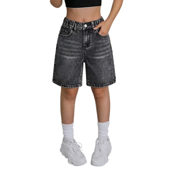 GiLiling Girls Denim Jean Shorts High Waisted Wide Leg Baggy Knee Length Elastic Waist 5 Pockets Trendy Casual Summer Jorts for Teens Kids (Black, 9-10 Years)