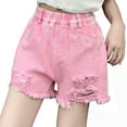 thumbnail image 1 of GiLiling Girls Distressed Denim Shorts, Elastic Waist Ripped Frayed Hem Sparkle Summer Jean Shorts for Kids Teens (Pink, 11-12 Years), 1 of 8