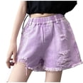 thumbnail image 1 of GiLiling Girls Distressed Denim Shorts, Elastic Waist Ripped Frayed Hem Sparkle Summer Jean Shorts for Kids Teens (Purple, 5-6 Years), 1 of 7