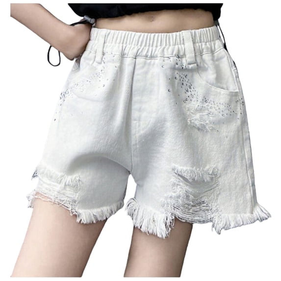 GiLiling Girls Distressed Denim Shorts, Elastic Waist Ripped Frayed Hem Sparkle Summer Jean Shorts for Kids Teens (White, 9-10 Years)