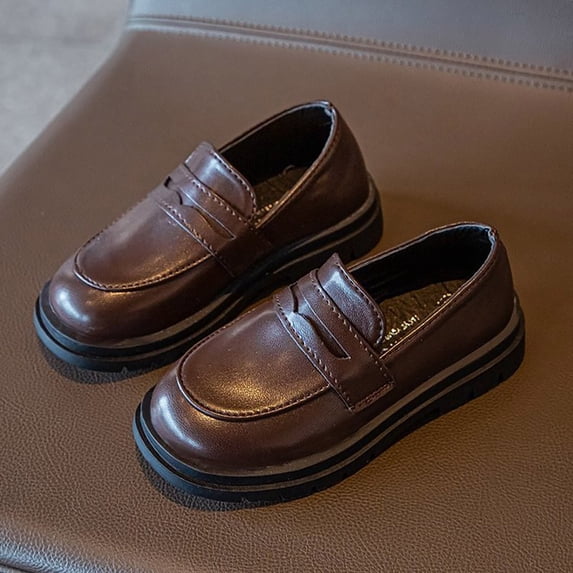 GiLiling Girls Dress Shoes Chunky Loafers for Girl Platform Penny Loafers Round Toe School Uniform Slip on Oxford Shoes (Brown, 5-5.5 Years)