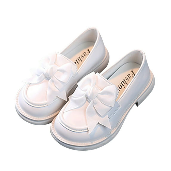 GiLiling Girls Dress Shoes Loafers, Bowknot Slip-On School Shoes with Low Heel, Closed-Toe Flat Shoes for Uniforms Performances Parties Casual Wear (White, 5 Years)