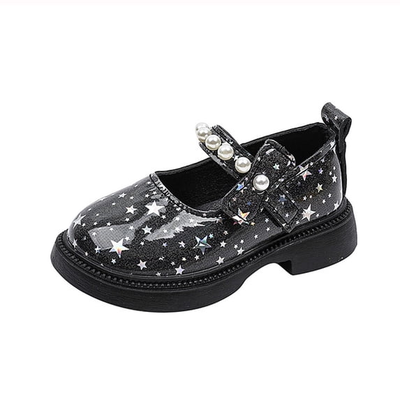 GiLiling Girls Dress Shoes Mary Jane Flats, Star Print PU Leather Shoes with Pearl Strap, Low Block Heel Princess Footwear for Party and Daily Wear (Black, 2.5-3 Years)