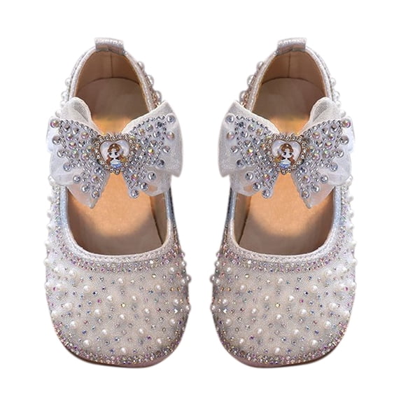 GiLiling Girls Dress Shoes Princess Flats, Glittery Rhinestone Pearl Ballet Flats with Bow Detail, Closed-Toe Sandals for Weddings Parties Special Occasions (Silver, 5-5.5 Years)