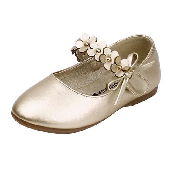 GiLiling Girls Flats Dress Shoes, Closed-Toe PU Leather Flats with Flower Bow Strap, Stylish Princess Footwear for Party Wedding Daily Formal Occasions (Gold, 2-2.5 Years)