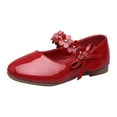 thumbnail image 1 of GiLiling Girls Flats Dress Shoes, Closed-Toe PU Leather Flats with Flower Bow Strap, Stylish Princess Footwear for Party Wedding Daily Formal Occasions (Red, 4.5-5 Years), 1 of 4
