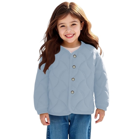 GiLiling Girls Fleece Jacket - Plush Quilted Button Down Long Sleeve Lightweight Fuzzy Warm Coat Fall Winter Outerwear (Blue, 4-5 Years)