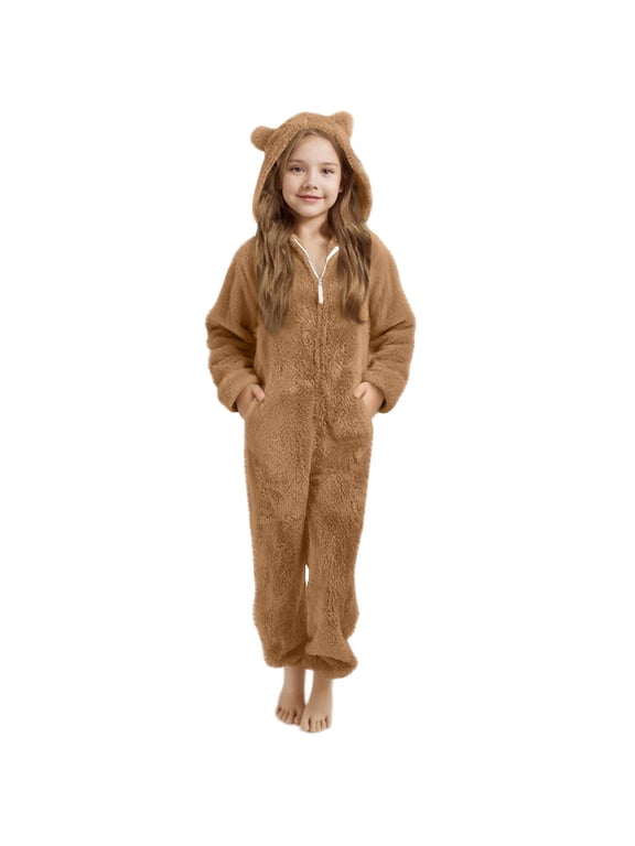 Girls Fleece Jumpsuits Kids Hooded Rompers Costume Fuzzy Cute Onesie Winter Clothes Warm Playsuit Jumper (Coffee-B, 11-12 Years)
