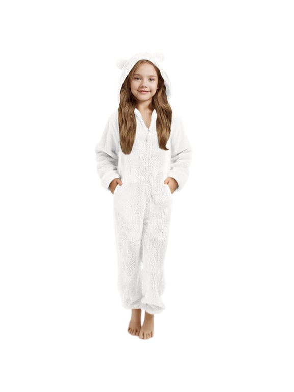Girls Fleece Jumpsuits Kids Hooded Rompers Costume Fuzzy Cute Onesie Winter Clothes Warm Playsuit Jumper (White-B, 9-10 Years)