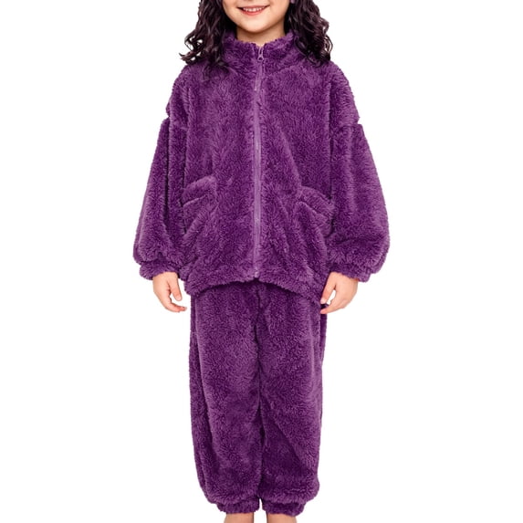 GiLiling Girls Fleece Outfit Set - Full Zip Sherpa Jacket and Plush Lounge Pants, 2 Piece Fall Winter Clothes (Purple, 7-8 Years)