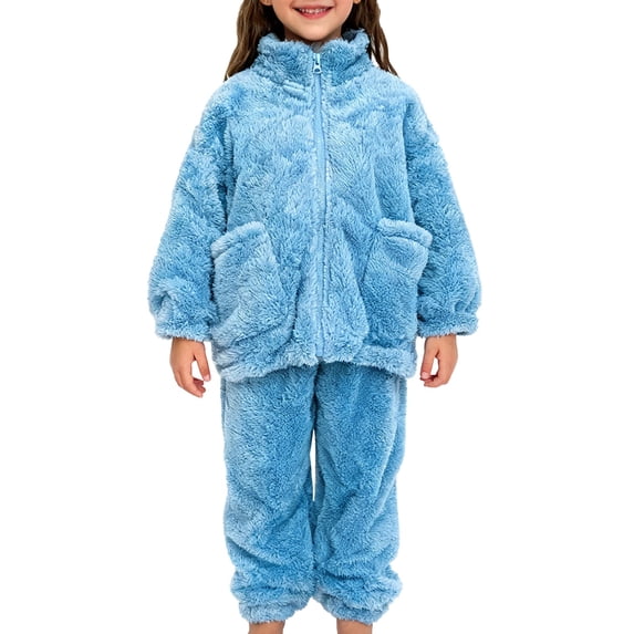 GiLiling Girls Fleece Outfit Set - Full Zip Sherpa Jacket and Plush Lounge Pants, 2 Piece Fall Winter Clothes (Sky Blue, 9-10 Years)