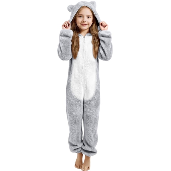 GiLiling Girl Fleece Zip up Jumpsuits Kids Hooded Rompers Costume Fuzzy Cute Animal Onesie Winter Warm Zipper Playsuit Jumper (Light Ashy, 3-4 Years)