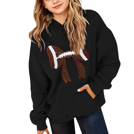 GiLiling Girls Football Bow Graphic Hoodie Kids Cute Preppy Hooded Sweatshirts Teens Oversized Long Sleeve Pullover Tops (Black, 18-24 Months)
