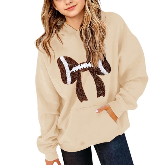 GiLiling Girls Football Bow Graphic Hoodie Kids Cute Preppy Hooded Sweatshirts Teens Oversized Long Sleeve Pullover Tops (Khaki, 5-6 Years)