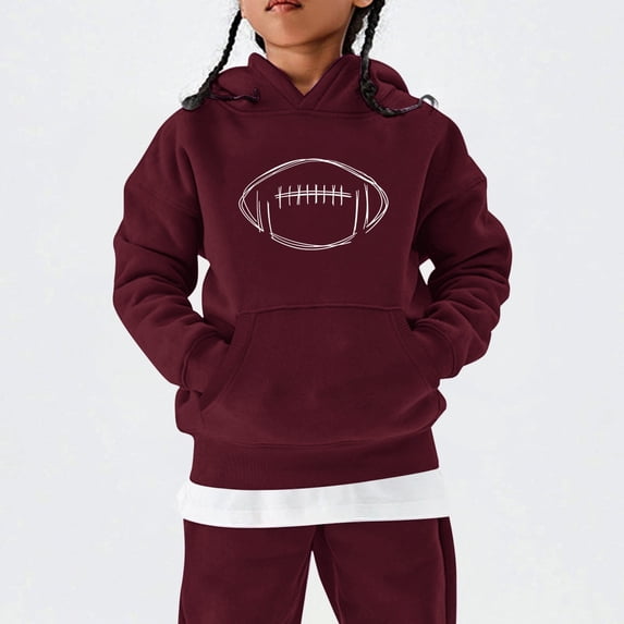 GiLiling Girls Football Print Hooded Sweatshirt, Long Sleeve Pullover Hoodie Top, Trendy Comfy Loose Casual Sweatshirt for Kids Sporty Wear (Wine, 5-6 Years)