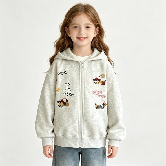 GiLiling Girls Full Zip Up Hooded Sweatshirt Jacket, Long Sleeve Casual Outerwear with Cute Embroidery, Loose Comfy Coat for Kids Daily Wear (Light Ashy, 5-6 Years)